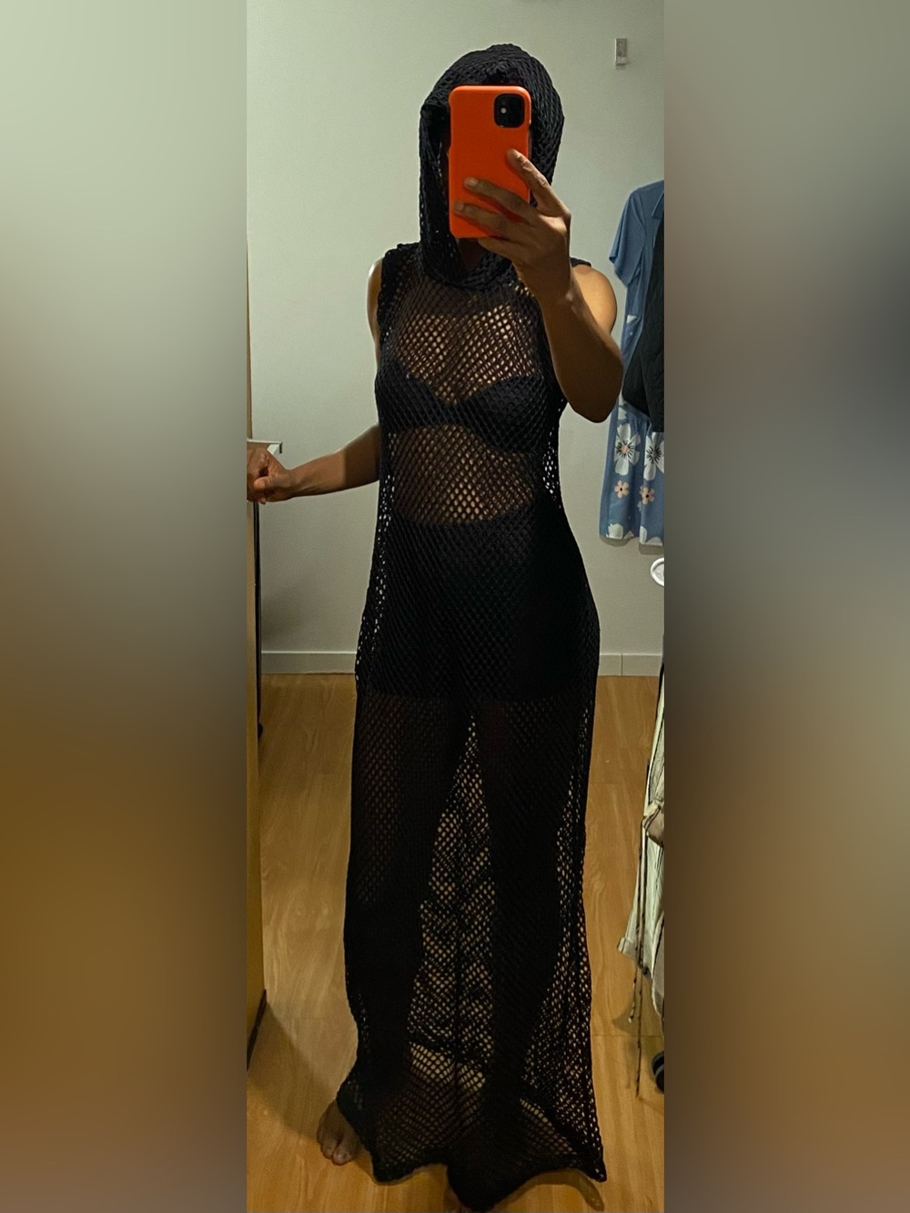 Sexy Black Open Weave Fishnet Cover-Up hoodie maxi Dress